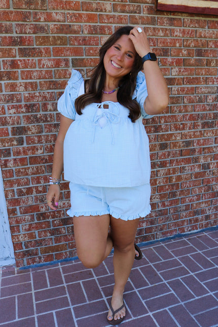 Baby Blue & White Gingham Puff Sleeve Top