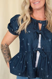 Denim Bow Print Puff Sleeve Top