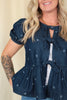 Denim Bow Print Puff Sleeve Top
