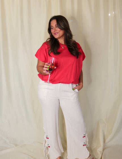 Linen Embroidered Cherry Pants