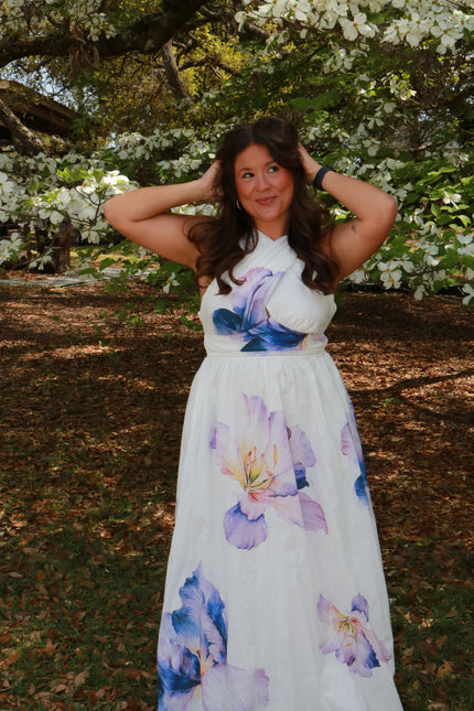 Floral Crisscross Halter Neck Maxi Dress