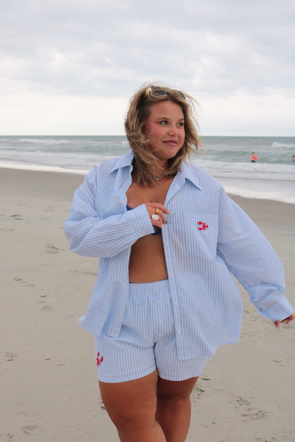 Light Blue & White Striped Lobster Button Down