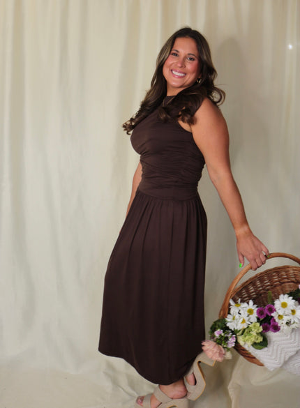 Chocolate Brown Cinched Midi Dress