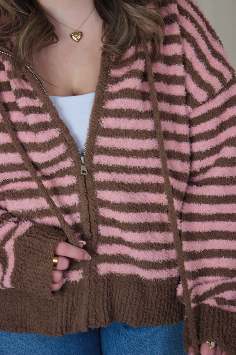 Brown/Pink Striped Fluffy Zip Up