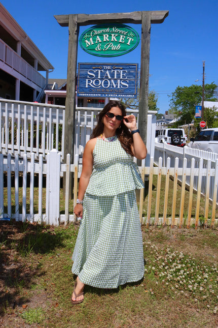 Green Gingham Midi Skirt