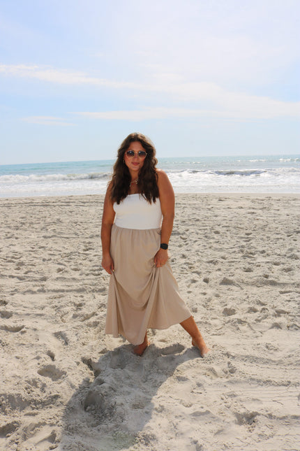 White/Taupe Strapless Bandeau Maxi Dress