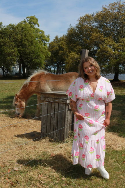 Pink/Green Floral Striped Maxi Dress