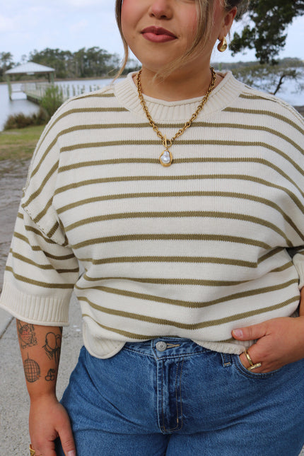 Cream/Olive Quarter Sleeve Sweater