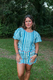 Blue Striped Puff Sleeve Top