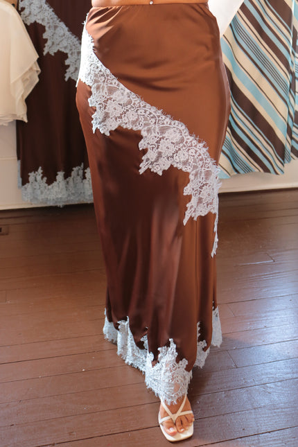Chocolate & Teal Lace Midi Skirt