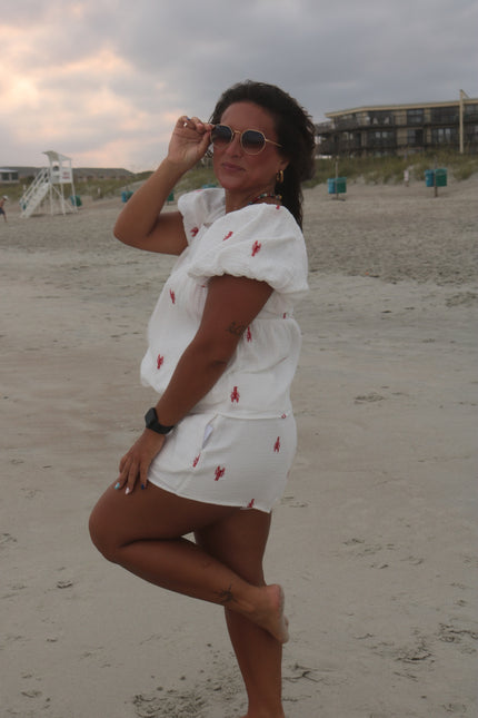 Linen Embroidered Lobster Shorts