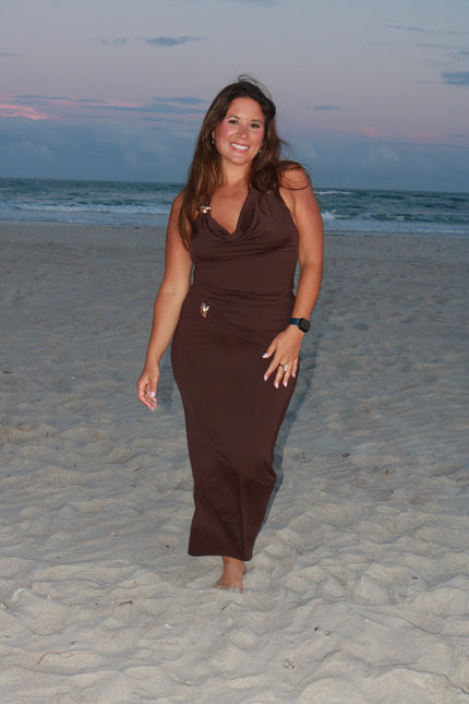 Espresso Ruched Maxi Skirt w/ Gold Detail