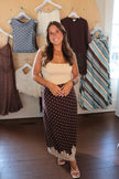 Brown Polka Dot & Lace Midi Skirt