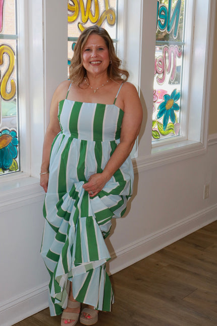 Blue & Green Chunky Stripe Maxi Dress