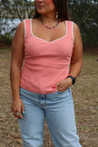 Coral Ribbed Tank w/ White Trim