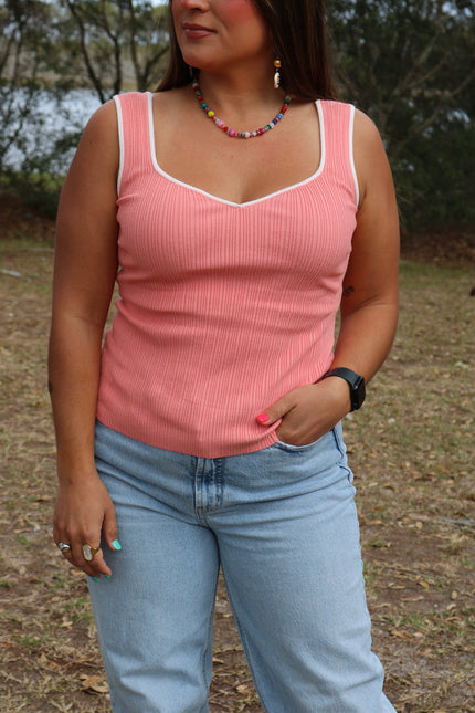 Coral Ribbed Tank w/ White Trim