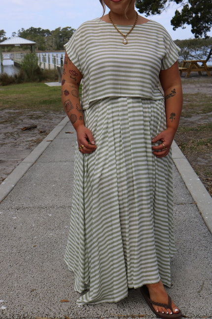 Olive/Cream Striped Maxi Skirt