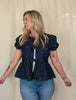 Denim Bow Print Puff Sleeve Top