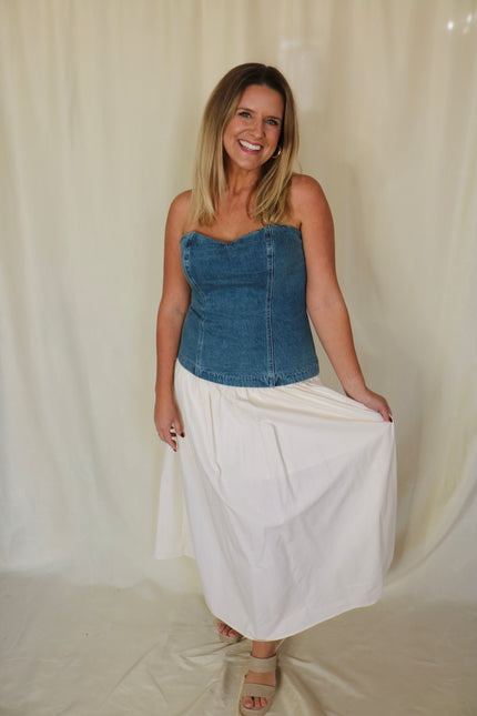 Strapless Denim Corset Maxi Dress