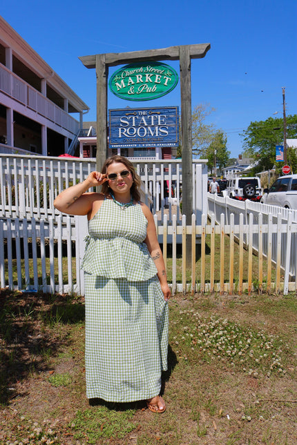 Green Gingham Midi Skirt