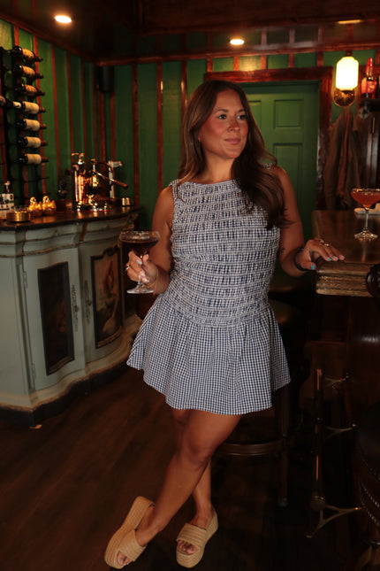 Navy & White Gingham Mini Dress