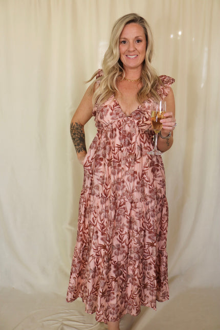 Light Pink & Burgundy Floral Whimsy Maxi Dress