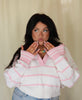 White/Pink Striped V Neck Collared Sweater
