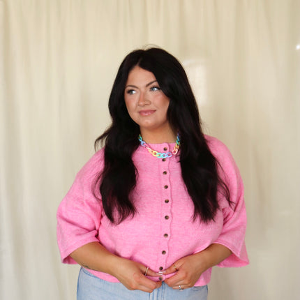 Pink Short Sleeve Knit Cardigan